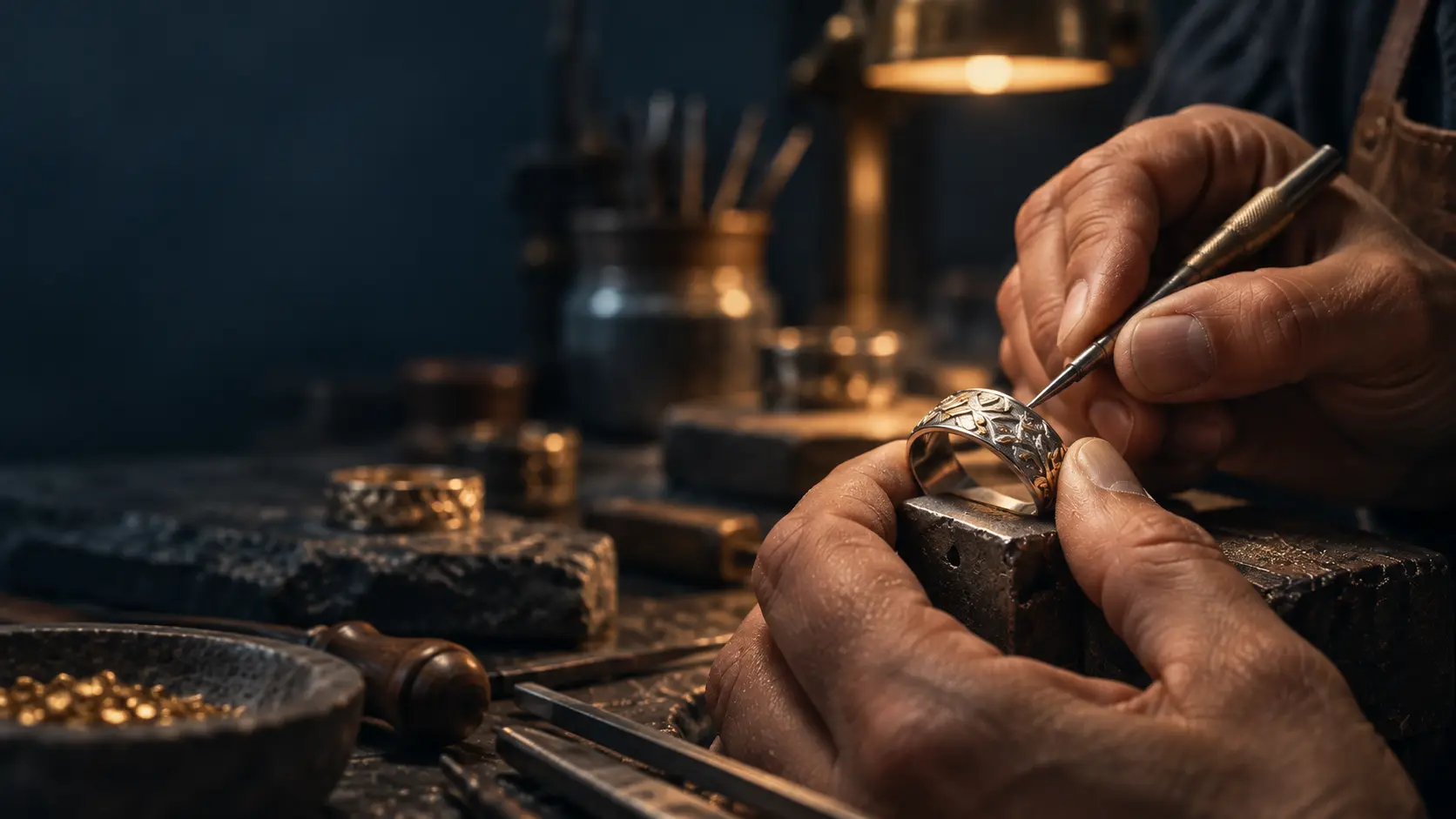 Anillos de plata sobre piedra volcánica